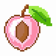 Obraz premium pixel art fruit icon retro peach design with green leaf, nostalgic 8 bit illustration