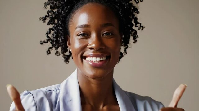 Smiling young woman with afro hairstyle in soft indoor lighting, showi