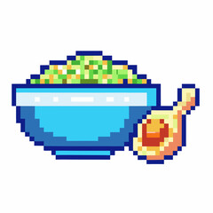 Pixel art bowl with spoon retro digital design, blue dish with green pixelated content, wooden utensil