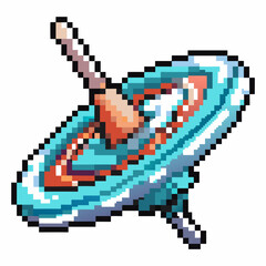 retro pixel art spinning top toy with colorful concentric circles and dynamic motion effect