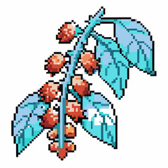 Obraz premium Pixel art botanical design blue leaves and red berries, digital retro nature illustration