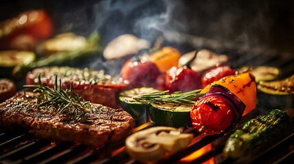 Closeup view of delicious grilled vegetables and meats sizzling on a barbecue grill, creating a mouthwatering culinary scene. .