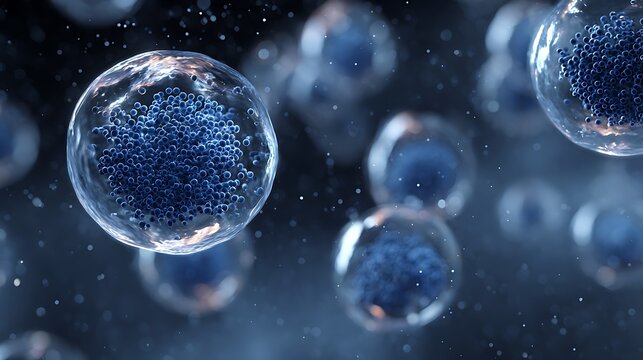 Closeup of blue exosome particles encapsulated within transparent spheres, 3D illustration, biotechnology theme, scientific visualization .