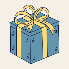 Blue gift box with yellow ribbon for a festive birthday vector icon on white background. Adobe Illustrator Artwork