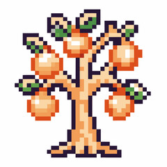 Pixelated orange tree with ripe fruit in retro 8 bit art