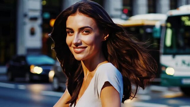 Smiling woman walking down a sunny city street with energy and confide