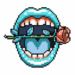 Fototapeta premium Pixel art mouth biting a red rose, pop art colorful retro design with blue lips