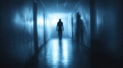 Fototapeta premium Eerie Figure in a Dim Corridor: A Ghostly Encounter in a Haunted Building