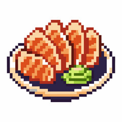 Fototapeta premium Pixel art sushi plate with orange salmon nigiri and wasabi on a dark dish, retro gaming