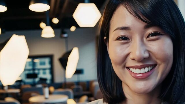 Close-up of an Asian woman smiling warmly in a modern cafe setting.