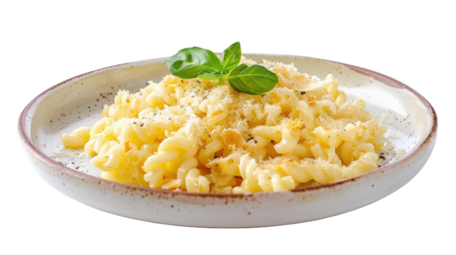 Delicious plate of creamy pasta with basil on a rustic table setting
