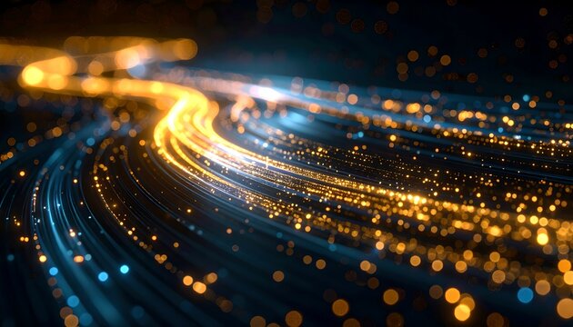 Abstract glowing data streams and particles in gold and blue