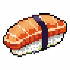pixel art sushi salmon nigiri illustration retro gaming style, digital pixelated food, japanese cuisine
