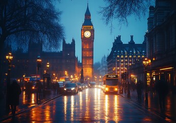 Fototapeta premium Nighttime view of big ben clock tower in london illuminating a wet city street