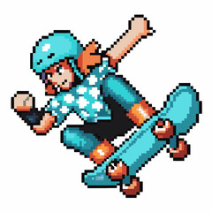 pixel art skateboarder mid jump retro skateboarding, vibrant blue outfit, helmet, dynamic urban sport pose