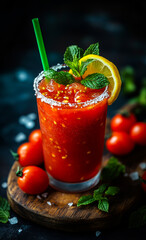 Minty tomato refresher. A vibrant tomato-based drink is garnished with mint leaves and lemon, served with fresh tomatoes on a rustic table.