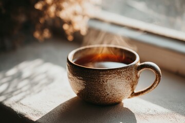 A close up shot of a steaming cup of black tea sitting on a windowsill, catching the warm morning light and creating a relaxing atmosphere for a cozy morning.