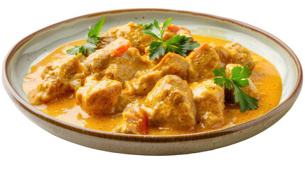 Deliciously plated chicken curry with vibrant colors, garnished with fresh herbs