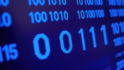 Binary code data stream digital technology background with blue futuristic computer screen effect