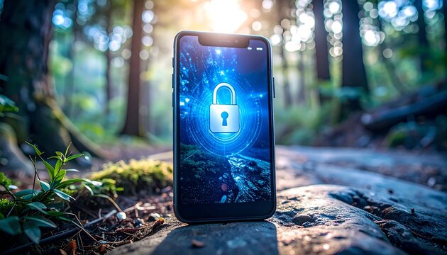 Smartphone with padlock symbol in forest, digital security in nature