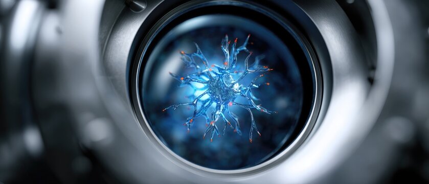 A close-up view of a blue microscopic organism or cell, surrounded by metallic machinery, highlighting a fusion of biology and technology.