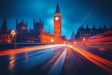 Nighttime view of big ben and the houses of parliament in london with light trails