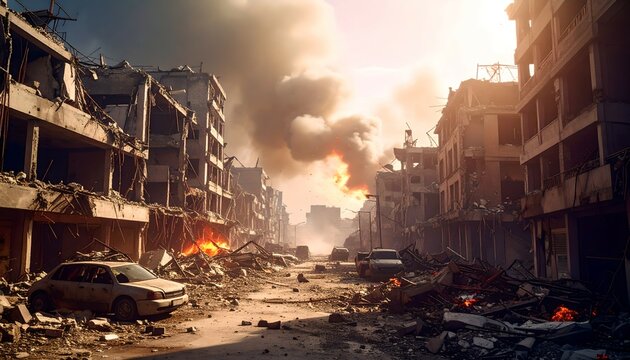 War-torn city street with destroyed buildings and burning debris