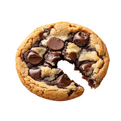 An appealing chocolate chip cookie, expertly crafted, with a delightful bite taken out, offering a tantalizing close-up view of a fresh baked dessert. 