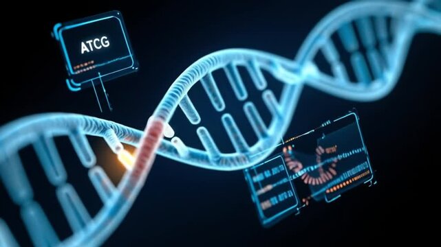Illuminated dna strand with atcg sequence and data analysis on dark background