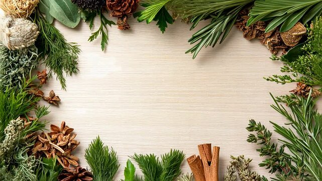 Natural herbs and spices frame with wooden background for organic and culinary themes.