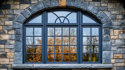 Obraz premium Elegant Stone Arch Window with Reflections of Autumn Trees