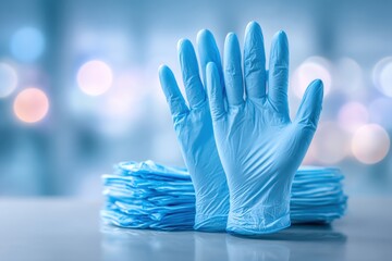A clean pile of disposable medical gloves in blue, showing hygiene and safety, ideal for medical, dental, and cleaning industries emphasizing infection control and disease prevention.