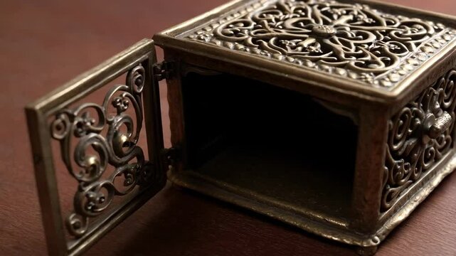 Open antique bronze box detailed with ornate carvings, sitting on a dark wood surface showing decorative lid, sides, and opening door
