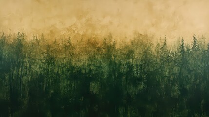 A scenic view of a dense forest with tall trees under a hazy, golden sky in a painted style
