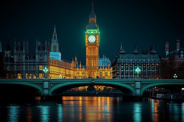 Naklejka premium Illuminated big ben and westminster palace reflection over river thames at night