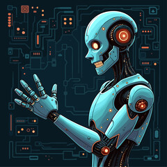 April Fool's Robot Prank: Sleek Vector Art of a Tech-Savvy Android Offering a Fake Handshake. Futuristic Cyberpunk Scene with Circuit Board Details, Mischievous Grin and Glowing Accents on Dark Tech