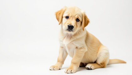Golden Retriever puppy against pure white backdrop, playful, dog