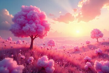 A fluffy pink cotton candy sunset over a whimsical landscape, radiating joy and blissful serenity Perfect for themes of happiness, sweetness, and dreams , cheerful, bliss