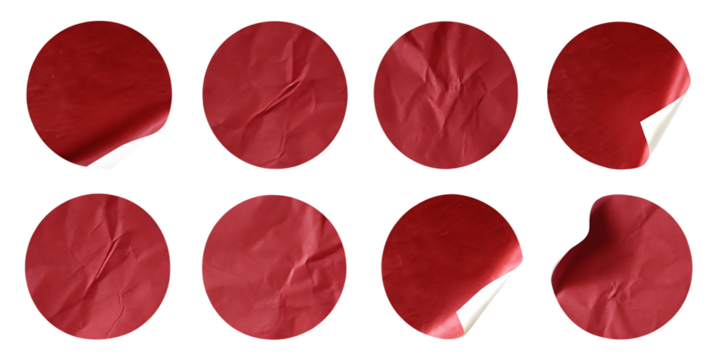 Eight Red Circular Paper Stickers with Creases and Peelable Edges