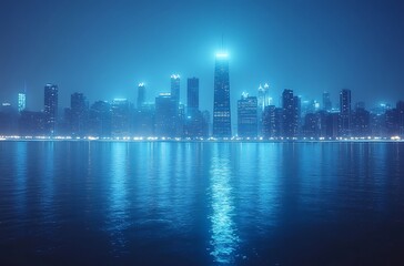 Fototapeta premium Chicago city skyline at dusk reflected in lake michigan under a moody sky