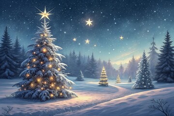 Magical Snowy Christmas Eve Sparkling Stars and Illuminated Trees