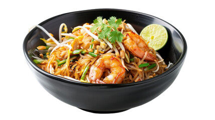 Fototapeta premium A vibrant bowl of shrimp stir-fry with bean sprouts and lime, perfect for culinary delights