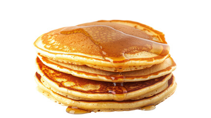 Stack of fluffy pancakes drizzled with syrup on a white background, ideal for breakfast themes