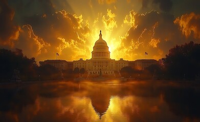 Obraz premium The united states capitol building at sunset beautifully reflecting in the still water