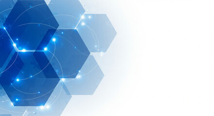 Abstract digital background with transparent blue hexagons and glowing lines, futuristic layout with white