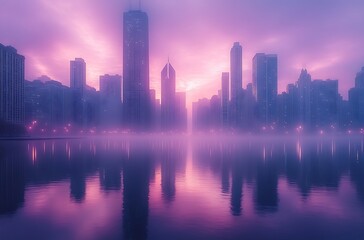 Fototapeta premium Serene purple hued cityscape featuring skyscrapers silhouetted against a foggy twilight sky