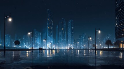 Futuristic city at night, wet pavement