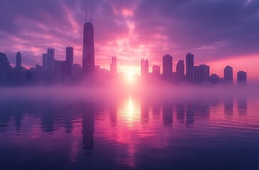Obraz premium Chicago skyline silhouetted against a dreamy purple hued sunset over water