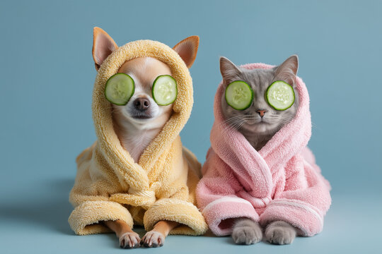 a small dog and a cat side by side, both wearing tiny spa robes and relaxing with cucumber slices on eyes