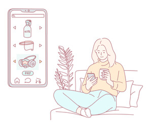 A woman is happily enjoying a session of online shopping on her phone while comfortably relaxing at home
